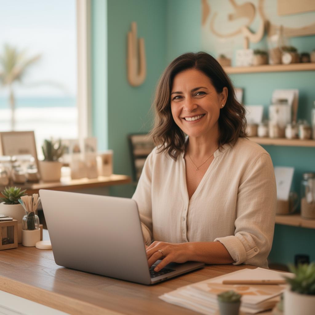 South Florida small business owner using AI on her laptop